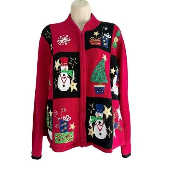 VTG Tiara International Womans Sz L Red White Snowmen Christmas Cardigan Sweater - Picture 1 of 13